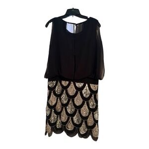 Betsy & Adam Art Deco Sequin Cocktail Dress Black Gold Beaded Gatsby Party Sz12